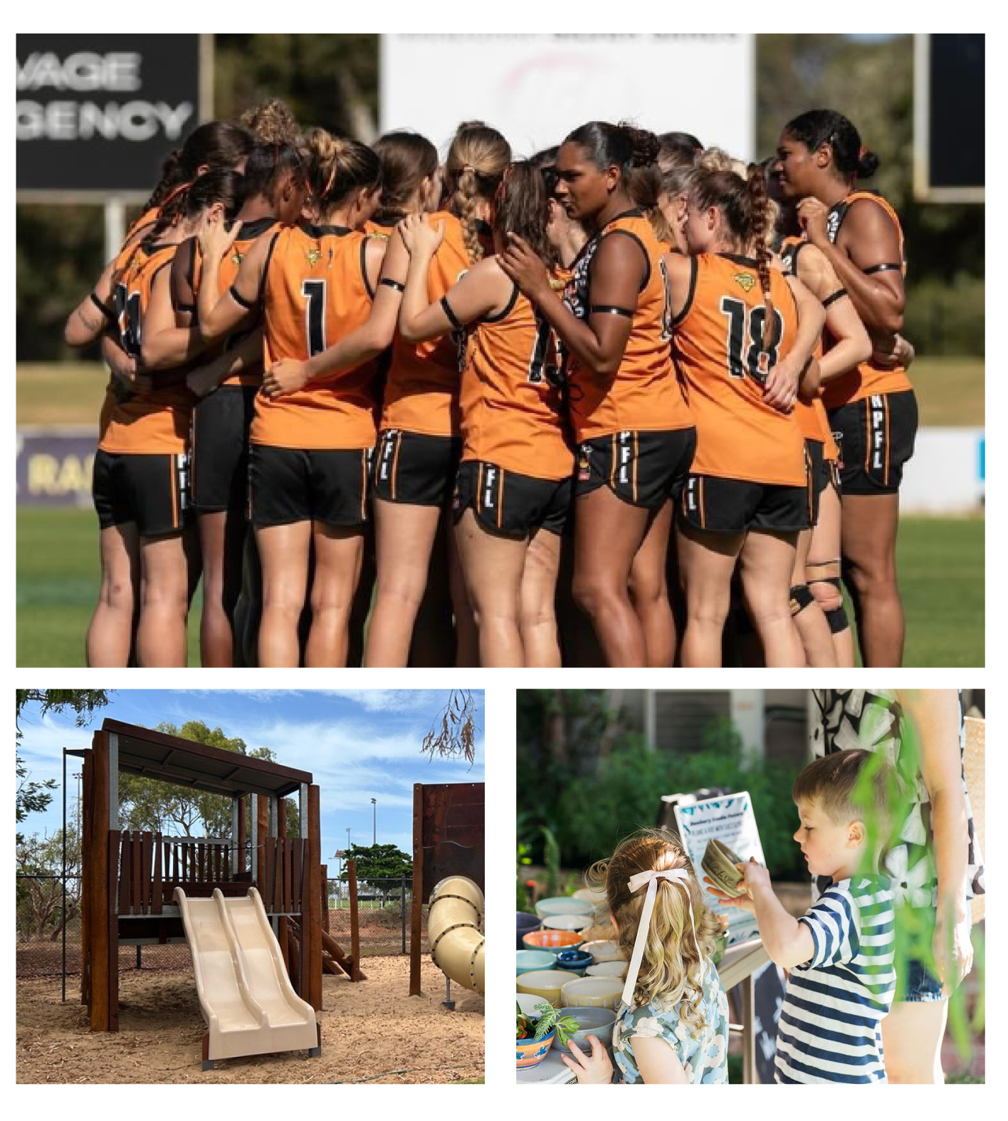 Three photo collage. Top photo group of girls in football jerseys. Bottom left community playground. Bottom right children painting outside.